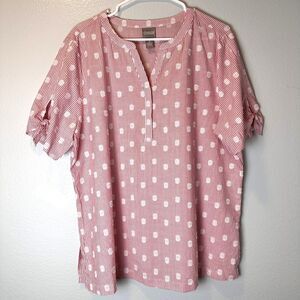 Chico's Size 3‎ Women's Henley Style Top Red White Stripe Dots Short Sleeves